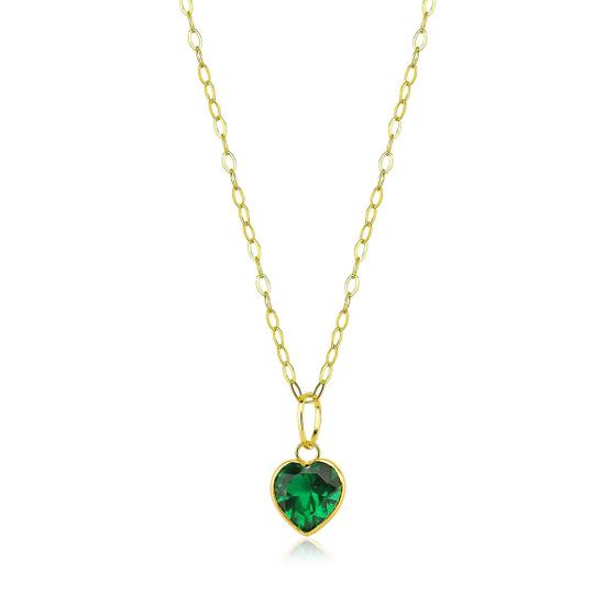 Colar De Ouro 18k Cordão 45cm Feminino C/ Coração Zircônia Cor:Verde
