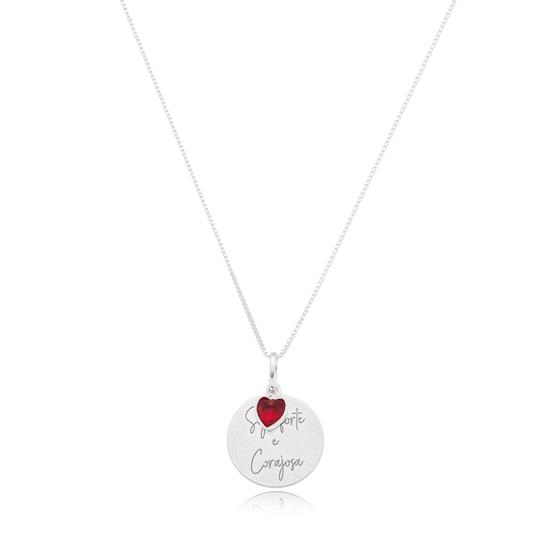 Imagem de Colar de Prata Seja Forte e Corajosa Pingente Ponto de Luz Vermelho