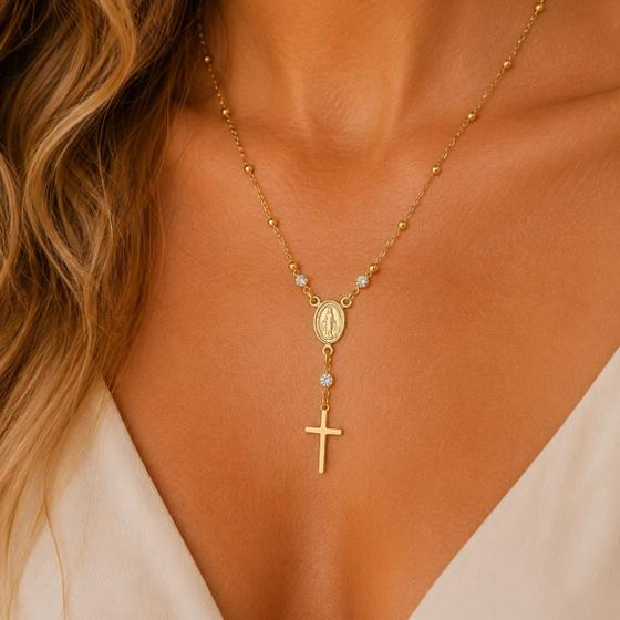 Colar de Terço Feminino com Cruz Semi Joia Banhado Ouro 18k Presente Religioso Perfeito Aniversario Mae Mulher