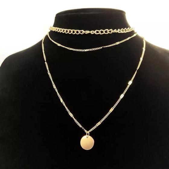 Imagem de Colar Dourado Trio Chocker Correntes Pingente Medalhão D4563