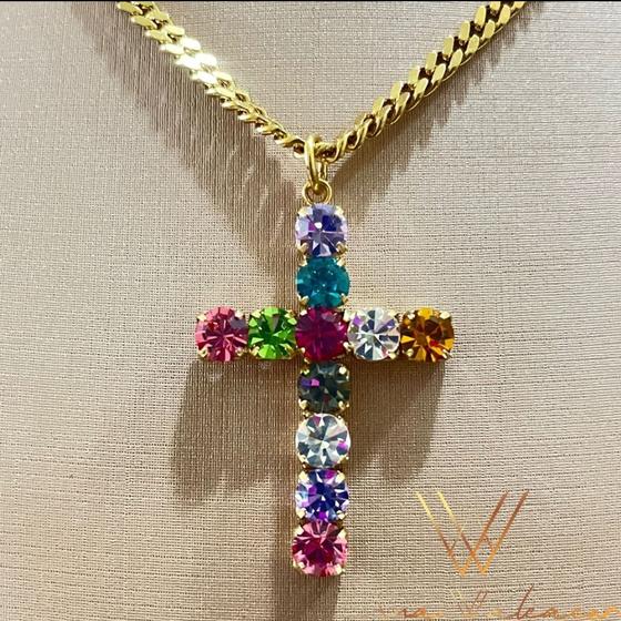 Imagem de Colar duplo cruz cristal multicolor dourado ana walcacer semijoias.