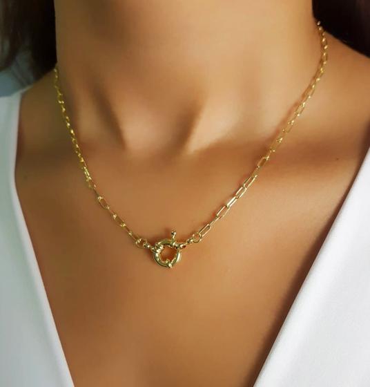 Imagem de Colar Elo Retangular com Fecho Boia Banhado a Ouro