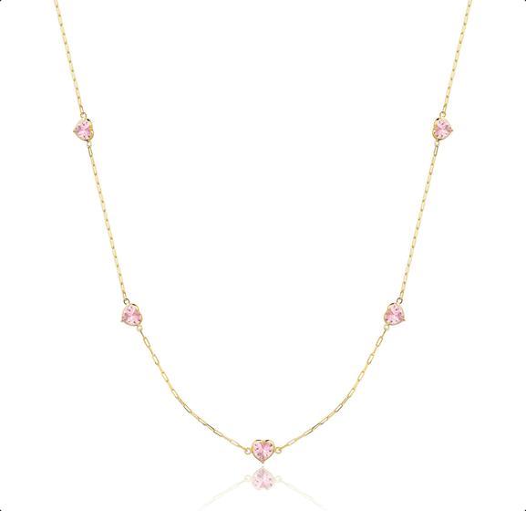 Imagem de Colar Em Ouro 18k E Pedras 5mm Corações De Zircônias - 50cm Rosa