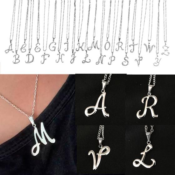 Imagem de Colar feminino corrente de Letras Cordão em Aço Inox gargantilha prateado Letra Inicial Alfabeto