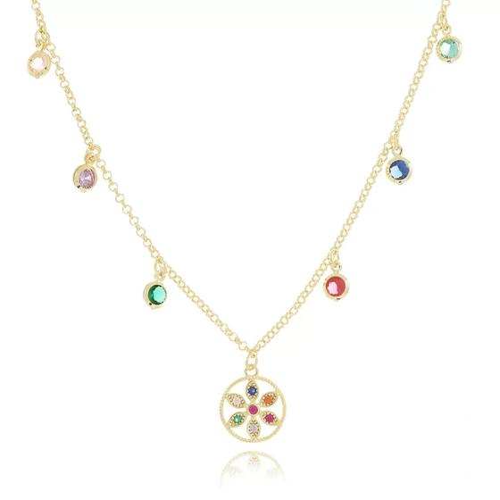 Imagem de Colar feminino folheada a ouro com zirconeas coloridas