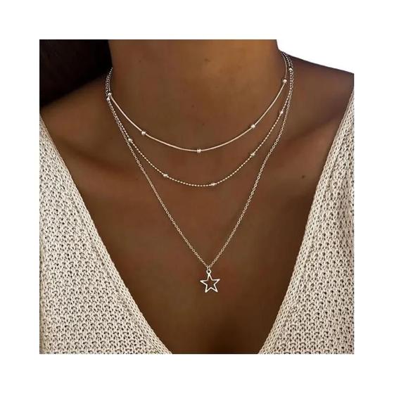 Imagem de Colar Feminino Multicamadas com Estrela e Lua - Estilo Europeu e Americano