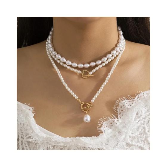 Imagem de Colar Feminino Multicamadas com Pingente de Pérola e Fivela - Estilo Goth Y2K