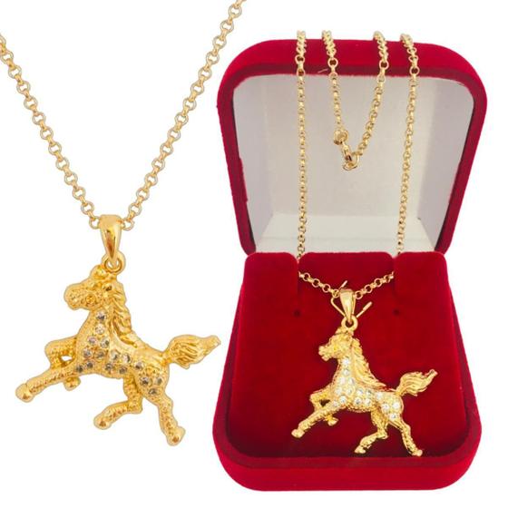 Imagem de Colar Feminino Pingente Cavalo Peão Zircônias Banhado a Ouro 18k