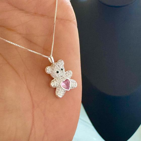 Imagem de Colar Feminino Pingente Cravejado Ursinho Rosa Prata 925