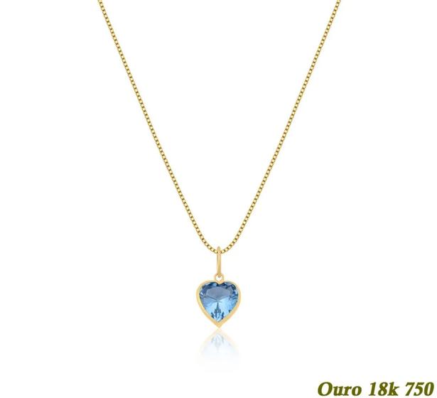 Imagem de Colar Feminino Veneziana Em Ouro 18k 750 50cm + Pingente Coração Água Marinha