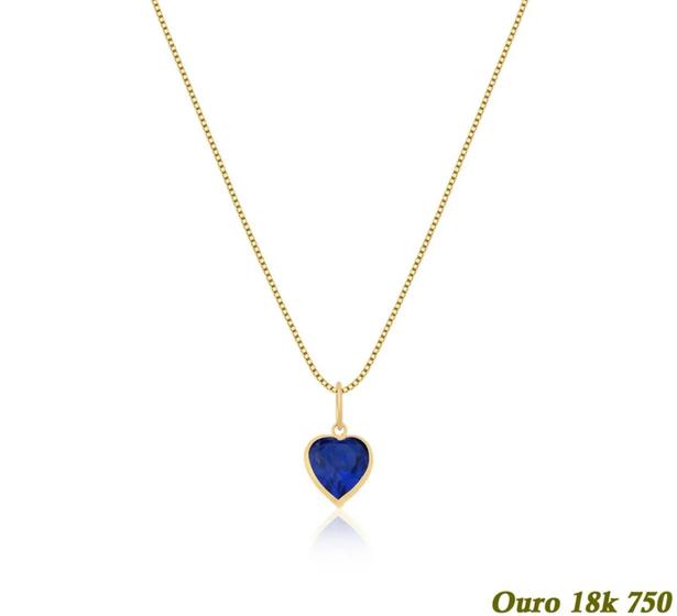 Imagem de Colar Feminino Veneziana Em Ouro 18k 750 50cm + Pingente Coração Azul Safira