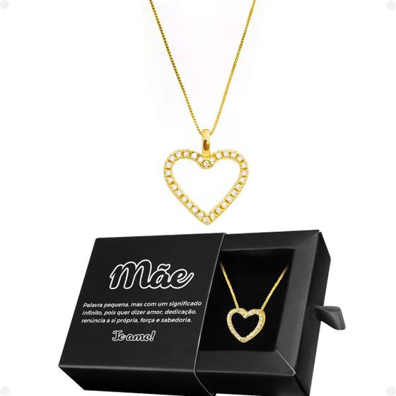 Imagem de Colar Feminino Veneziana + Pingente Coração Strass Zircônia Dourado Mãe + Caixa Presente Cn20