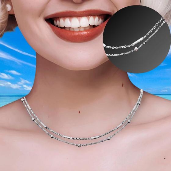 Imagem de Colar gargantilha dupla exclusiva aço inox bolinhas e bastonetes fininha, delicada e brilhante