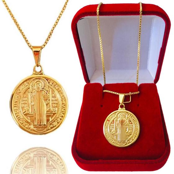 Imagem de Colar Medalha de São Bento Dupla Face Banhado a Ouro 18k + Caixinha e Garantia