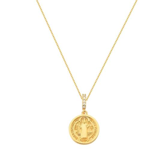 Imagem de Colar Medalha São Bento Luxo com zirconias banhado em ouro 18k - 1,5 cm - pequeno cordão