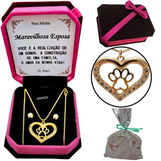 Imagem de Colar Meu Pet Conjunto Feminino Presente Aniversário Esposa Maravilhosa + Brincos + Dedicatória Personalizada Cx Veludo