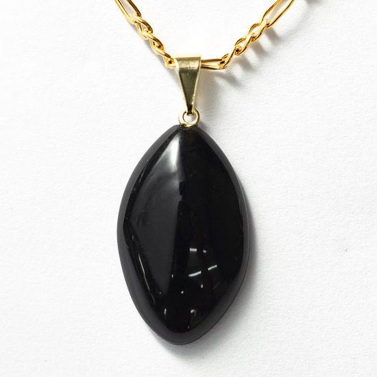 Imagem de Colar Navete 28mm Pedra Obsidiana Negra Natural Pino Dourado