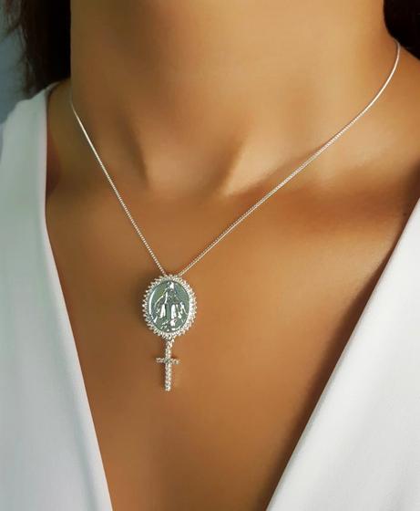 Imagem de Colar Nossa Senhora Milagrosa com Cruz Micro Zircônia Cristal Banhado a Prata