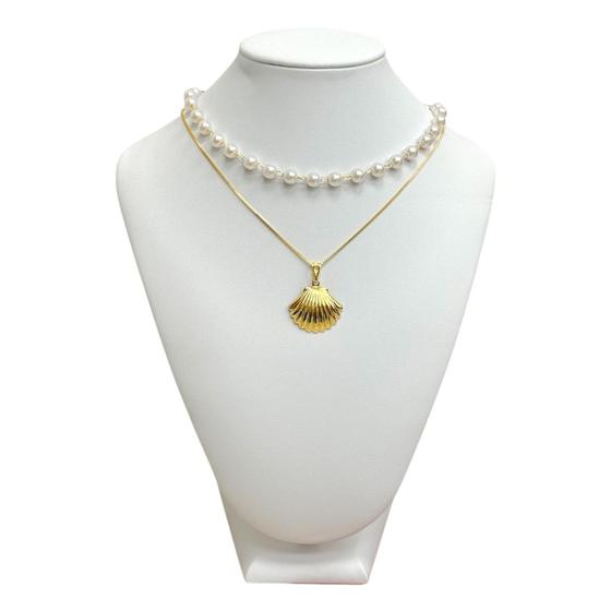 Imagem de Colar Pérolas Branca + Colar Concha  Banhado a Ouro 18k