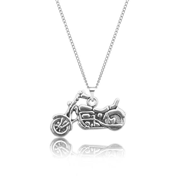 Imagem de colar pingente de motocicleta moto choker gargantilha rock roqueiro cor prata prateado dourado