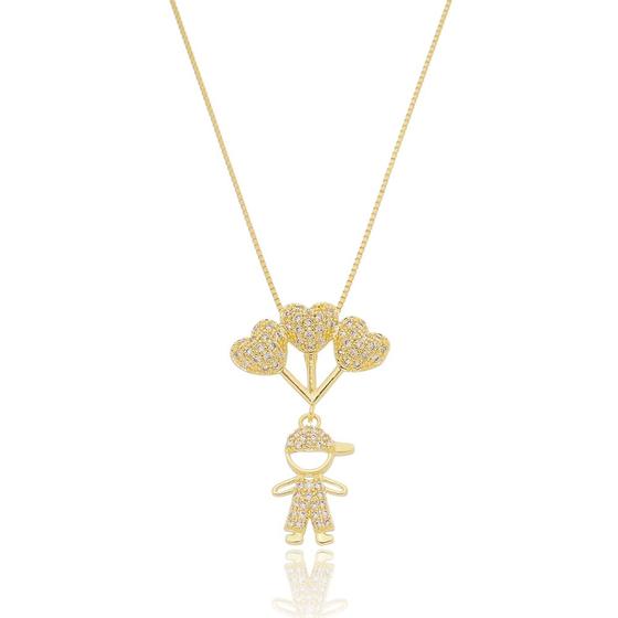 Imagem de Colar Pingente Menino com 3 corações Gordinhos Cravejado de Zircônia Cristal Banhado a Ouro 18K