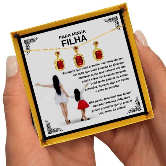 Imagem de Colar Presente Aniversário Filha Mãe Pai Viking Conjunto Retângulo Vermelho Pingente Brincos Anel + Dedicatória