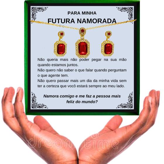 Imagem de Colar Presente Pedido Namoro Futura Namorada Conjunto Pingente Brincos Anel Retângulo Vermelho + Linda Dedicatória