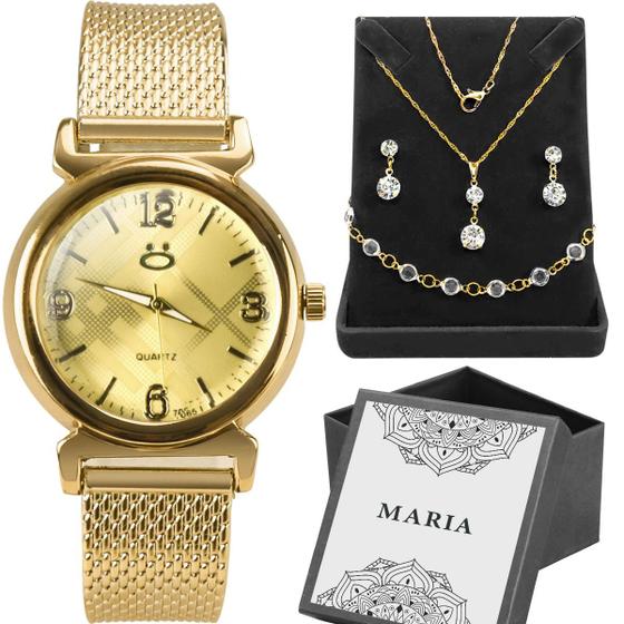 Imagem de Colar strass + caixa + relogio feminino aço inox + pulseira social qualidade premium casual dourado