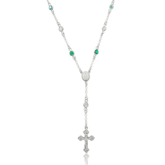 Colar Terço Feminino em Prata 925 com Zircônias Coloridas, Nossa Senhora das Graças e Cruz 45cm