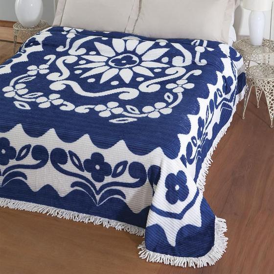 Imagem de Colcha Casal Chenille Canelada Jolitex Flórida Azul/Branco