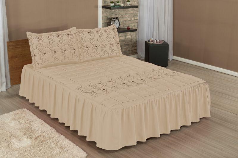 Imagem de Colcha Casal  Com Babado  Cobre Leito Padrão Bordada MATELASSE  03 Peças - Toque Macio- DIVA  AVELÃ
