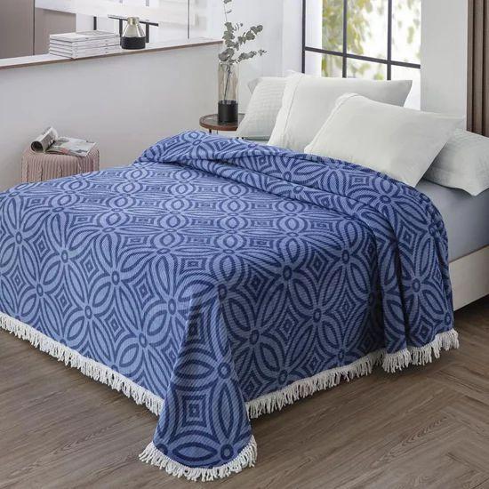 Imagem de COLCHA CHENILLE CANELADA ISADORA 2,20m x 2,40m AZUL JEANS + FRANJAS BRANCO