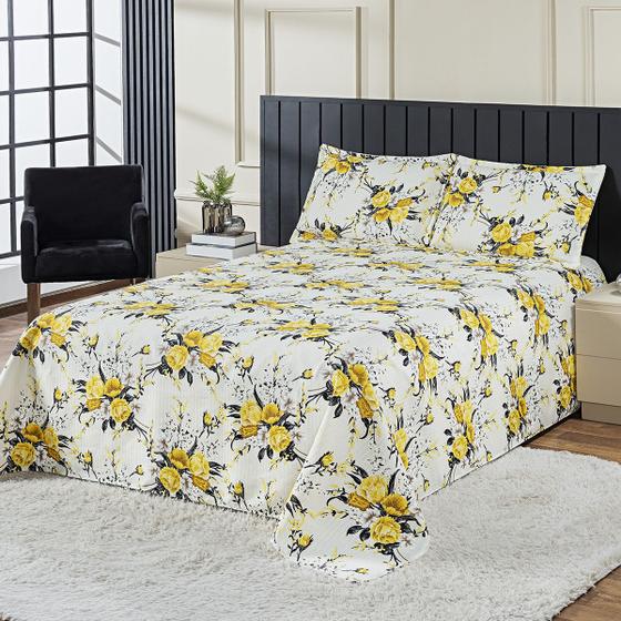 Imagem de Colcha cobre leito algodão casal 3 peças milão amarelo floral