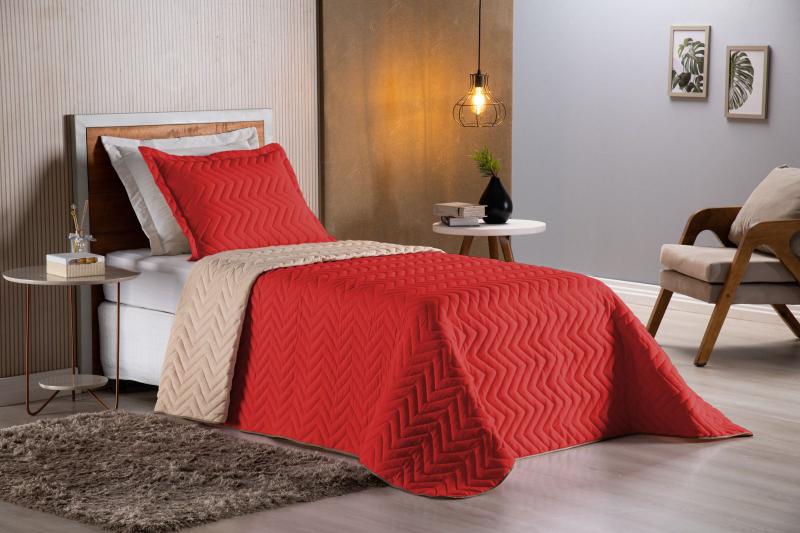 Imagem de Colcha Cobre Leito Cama de Solteiro 2 pç Dupla Face Acolchoado Microfibra Vermelho e Bege