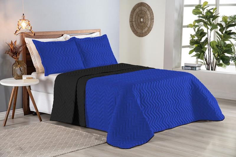 Imagem de Colcha Cobre Leito Cama King 3 pç Dupla Face Acolchoado Microfibra Azul Royal e Preto