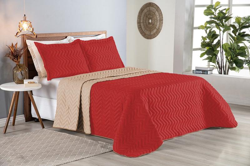 Imagem de Colcha Cobre Leito Cama King 3 pç Dupla Face Acolchoado Microfibra Vermelho e Bege