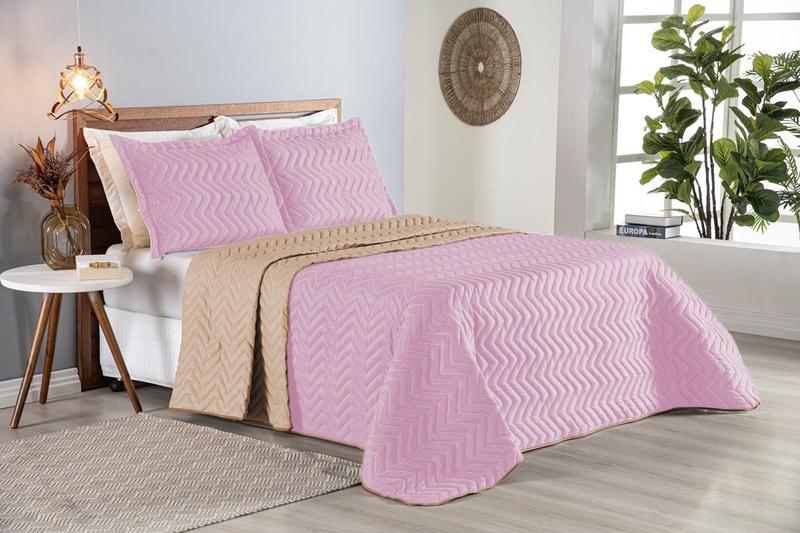 Imagem de Colcha Cobre Leito Cama Queen 3 pç Dupla Face Acolchoado Microfibra Rosa e Bege