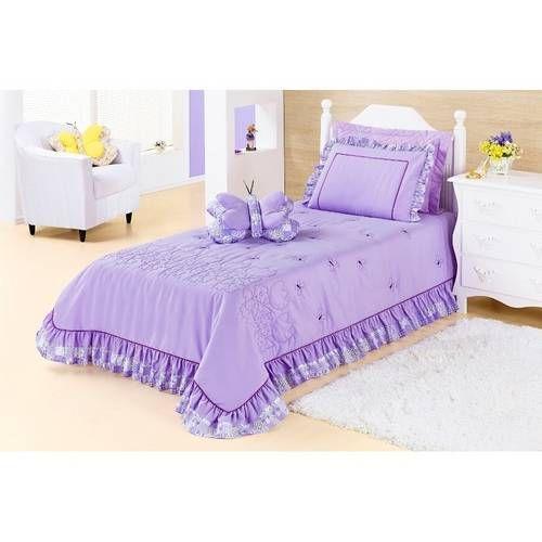 Imagem de Colcha / Cobre Leito Cama Solteiro Menina Com Borboletas Na Cor Lilas Com 03 Peças Em Microfibra - C
