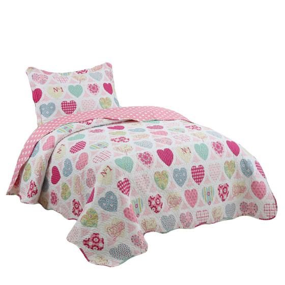 Imagem de Colcha Cobre Leito Infantil Estampado Travesseiro Menina Dupla Face Solteiro 2 peças - Rozac Estampa Love