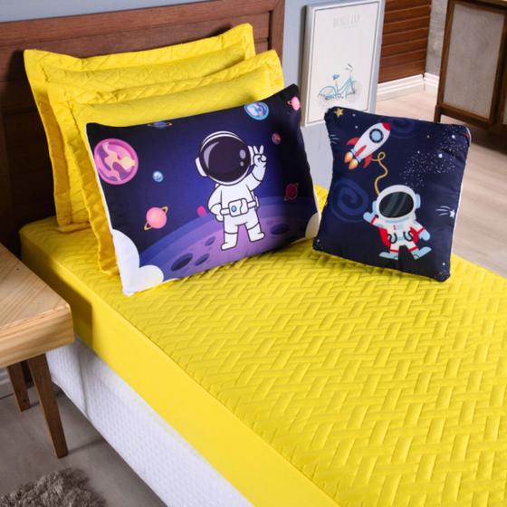 Imagem de Colcha Cobre Leito Jogo Cama Solteiro 5 Pçs Matelado Sleep Elastico Astronauta Foguete Amarelo