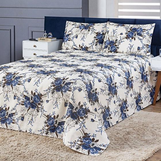 Imagem de Colcha cobre leito milão casal 3 peças algodão azul floral