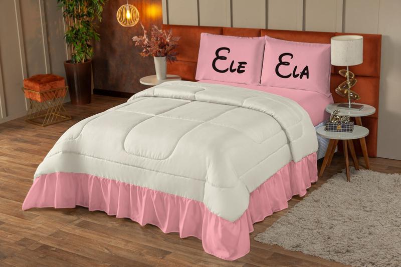 Imagem de Colcha Edredom Queen Estampado Ele E Ela Com Babado 3 Peças - Microfibra