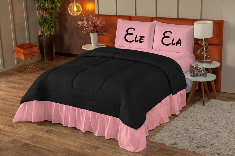 Imagem de Colcha Edredom Queen Estampado Ele E Ela Com Babado 3 Peças - Microfibra