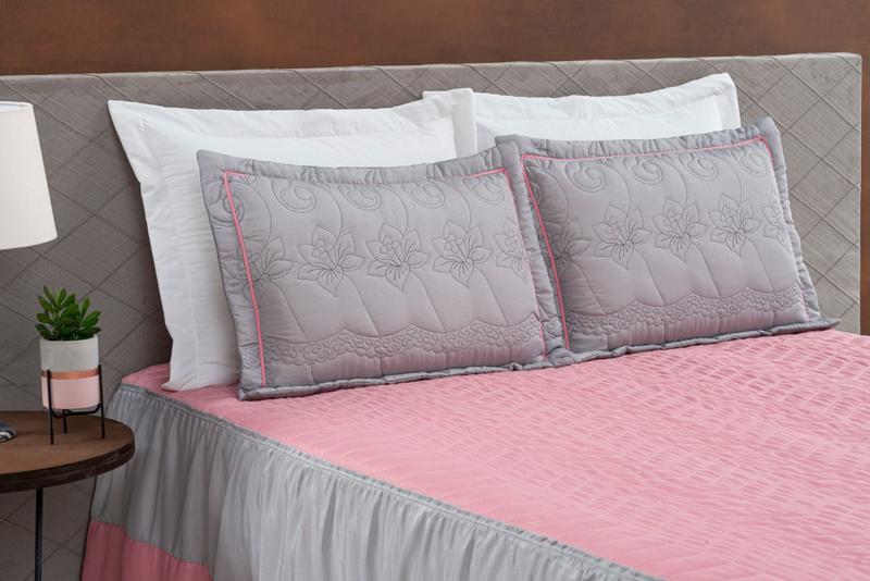 Imagem de Colcha Para Cama Box Queen Cinza com Rosa Bordada 3 Peças