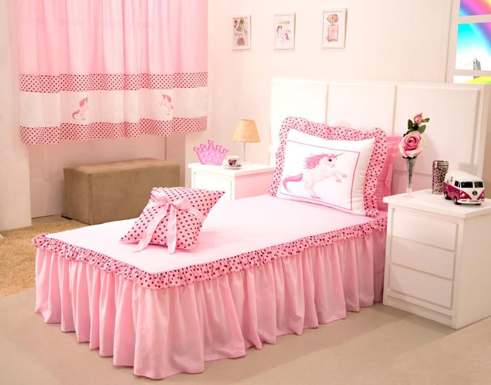 Imagem de Colcha Quarto Menina Solteiro Rosa 3 Peças Unicórnio