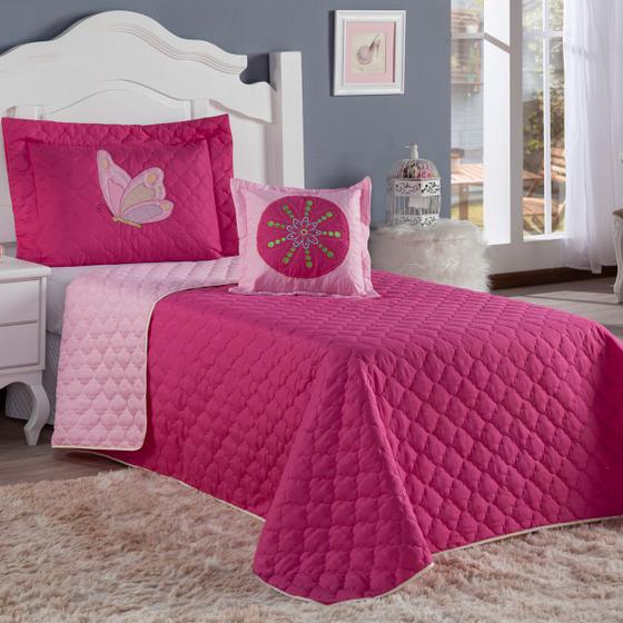 Colcha Solteiro Feminina Kit 4 Peças Cobre Leito Dupla Face Almofada Bordada Butterfly Infantil Cama Menor preço em Colcha Solteiro Feminina Kit 4 Peças Cobre Leito Dupla Face Almofada Bordada Butterfly Infantil Cama