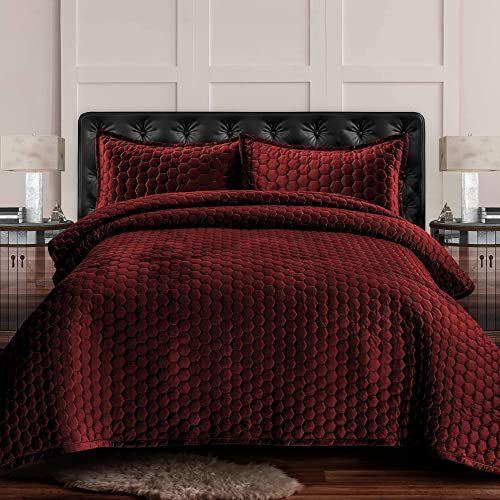 Imagem de Colcha Tribeca Living King, conjunto de roupa de cama de costura de favo de mel de três peças inclui uma colcha de grandes dimensões e duas fronhas falsas, 260GSM Super Soft Velvet, Lugano / Borgonha