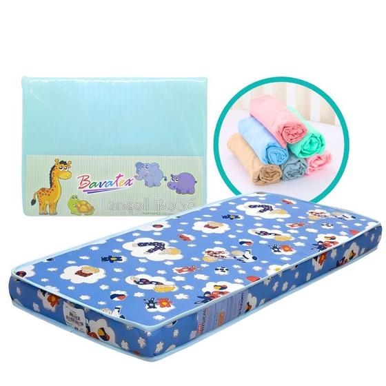 Imagem de Colchão de Berço Ortobom Bebê com Lençol de Algodão Ajustável Azul 130x70cm