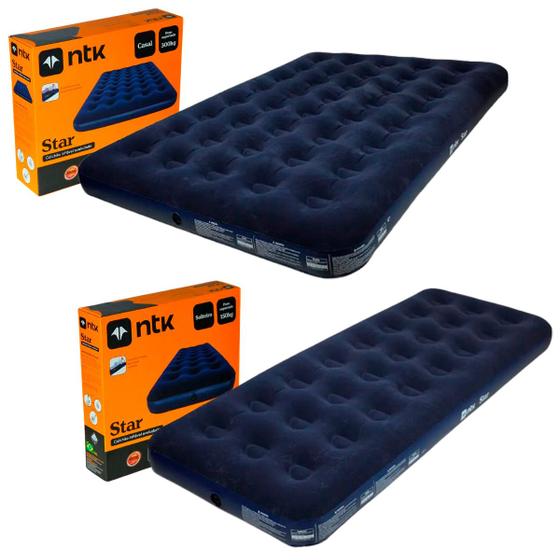 Imagem de Colchão Inflável Casal Star Azul + Colchão Solteiro PVC 185cm Altura Suporta até 300kg - NTK Nautika