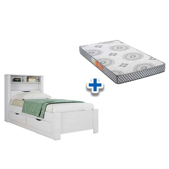 Imagem de Colchão Solteiro Pérola Polar (1un) + Cama Invicta c/ 2 Gavetas Branco